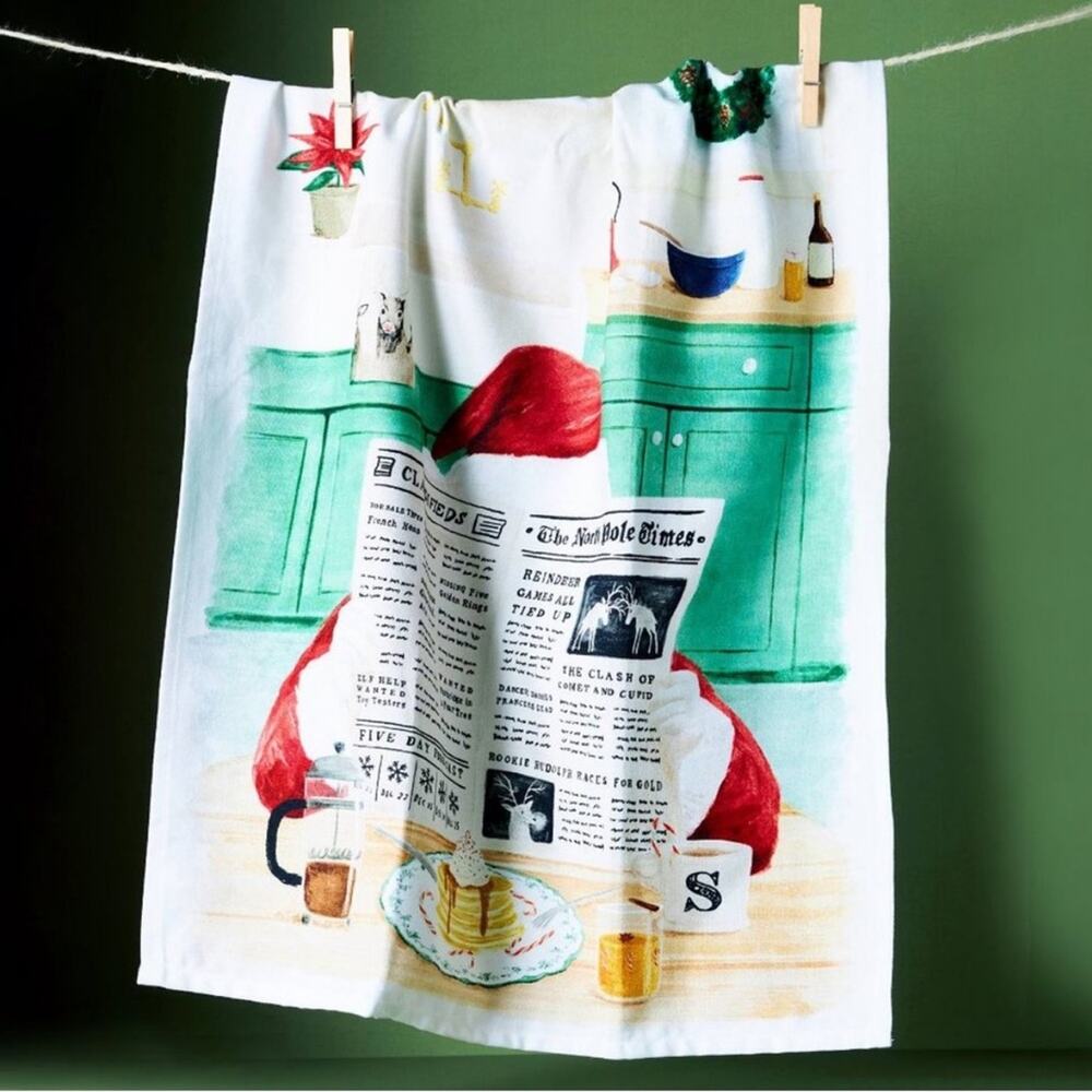 NEW ANTHROPOLOGIE Breakfast With Santa $38 Kitchen Tea Towel Christmas Holiday